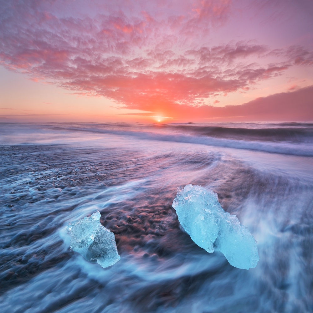 Ledové perly při východu slunce, Island
